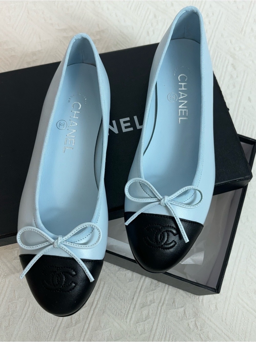 CHANEL Two-Tone Light Blue and Black Cap Toe Ballet Flats
